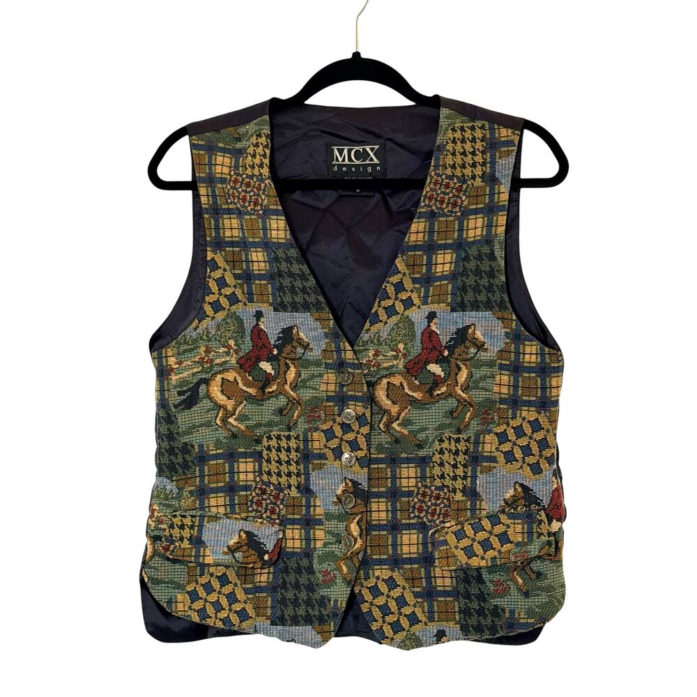 MCX Design women's vest with an equestrian tapestry pattern